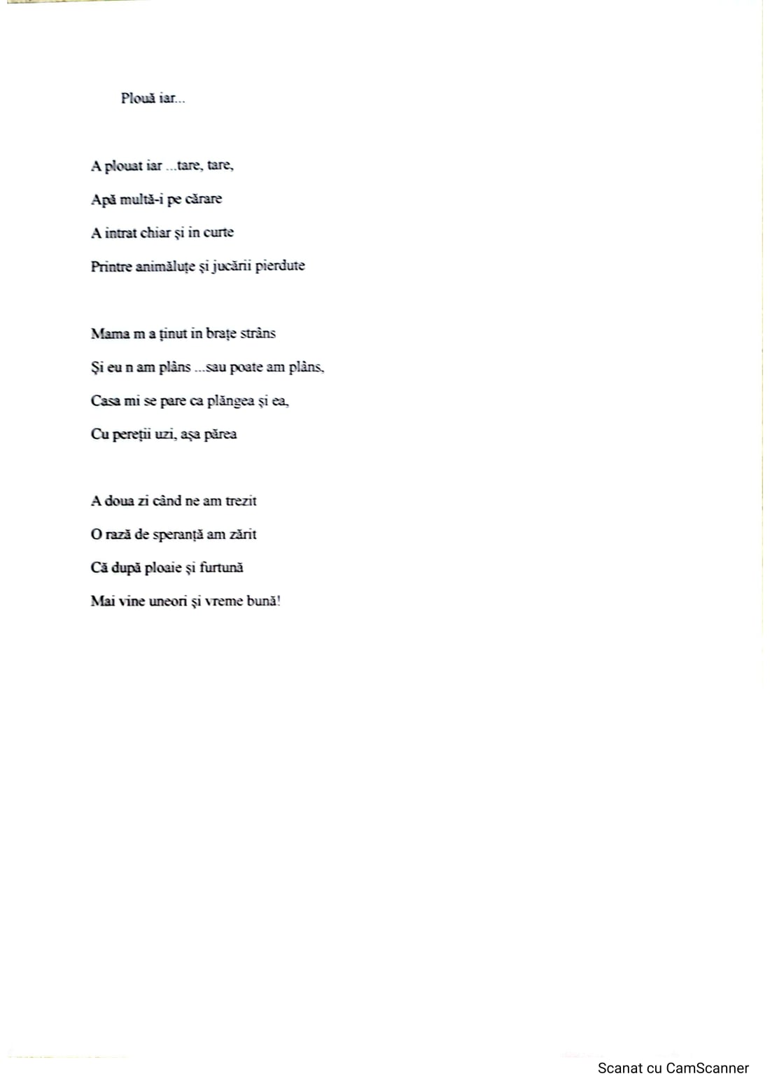 Textul creativ „Plouă iar...” de Maria Adam (pagina scanată)